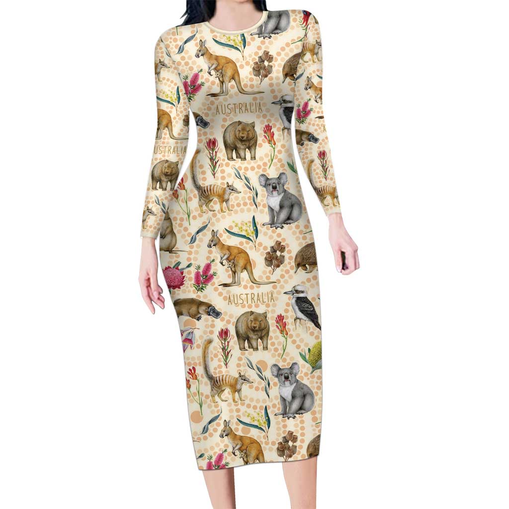 Australia Native Animals Long Sleeve Bodycon Dress Aussie Aboriginal Art Seamless Vibes - Aussie Hoodie
