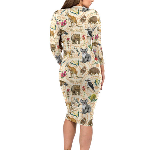 Australia Native Animals Long Sleeve Bodycon Dress Aussie Aboriginal Art Seamless Vibes - Aussie Hoodie