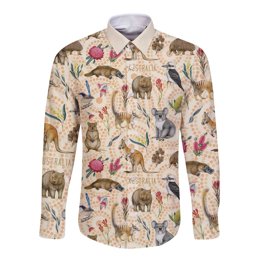 Australia Native Animals Long Sleeve Button Shirt Aussie Aboriginal Art Seamless Vibes - Aussie Hoodie