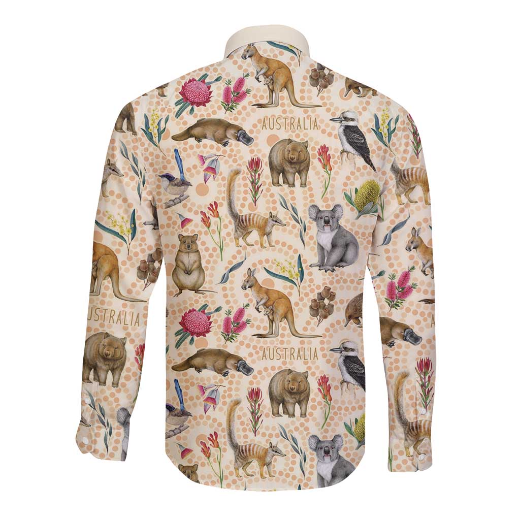 Australia Native Animals Long Sleeve Button Shirt Aussie Aboriginal Art Seamless Vibes - Aussie Hoodie
