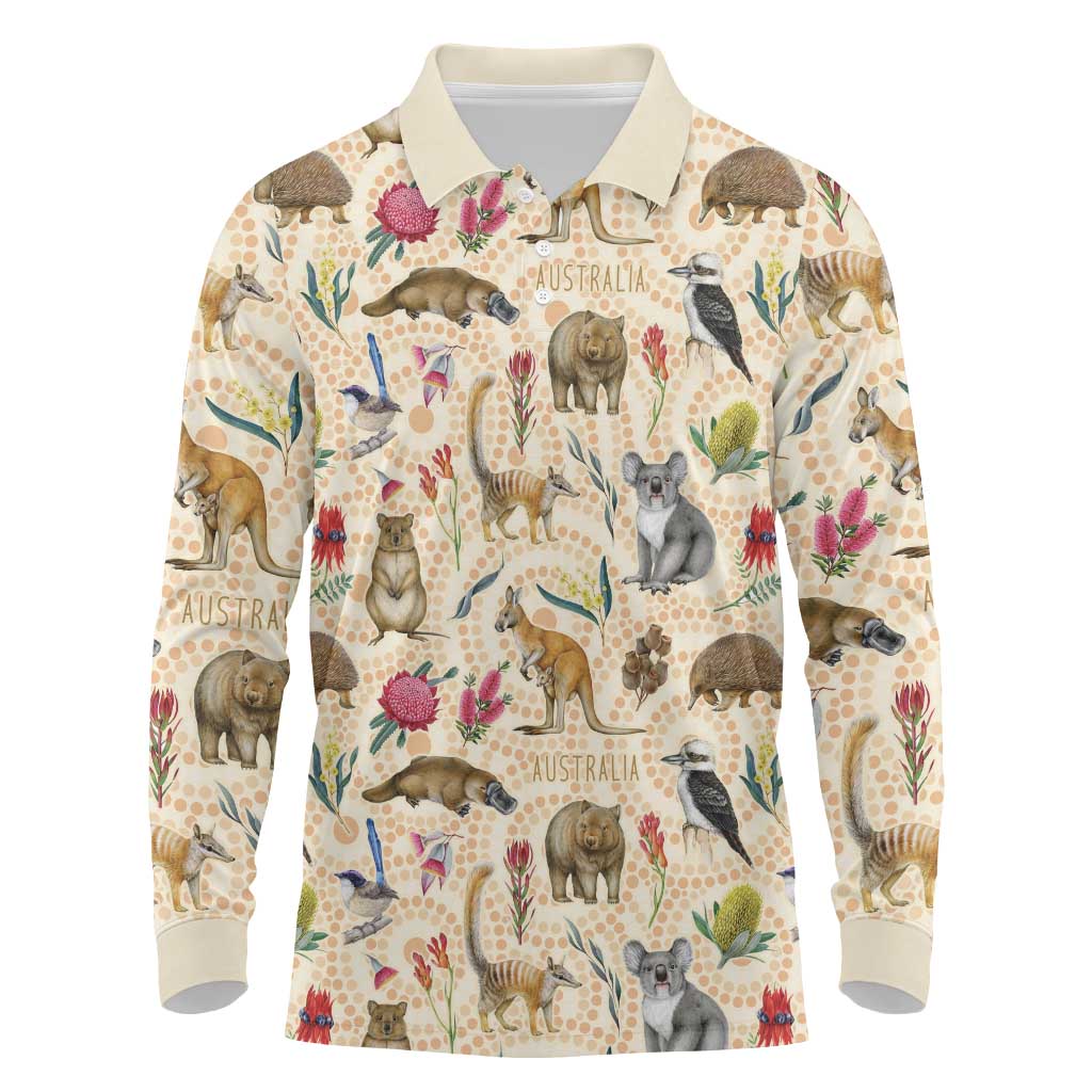 Australia Native Animals Long Sleeve Polo Shirt Aussie Aboriginal Art Seamless Vibes - Aussie Hoodie