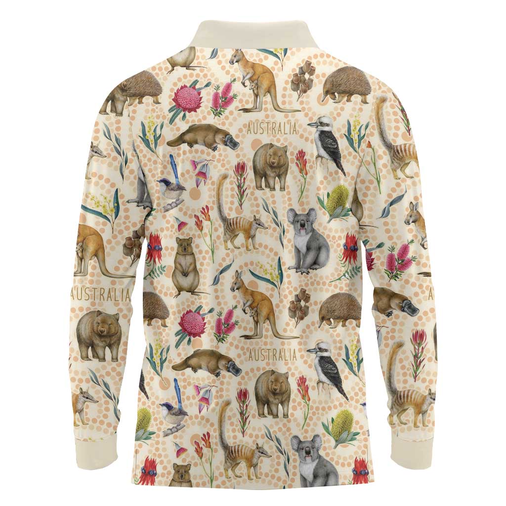 Australia Native Animals Long Sleeve Polo Shirt Aussie Aboriginal Art Seamless Vibes - Aussie Hoodie