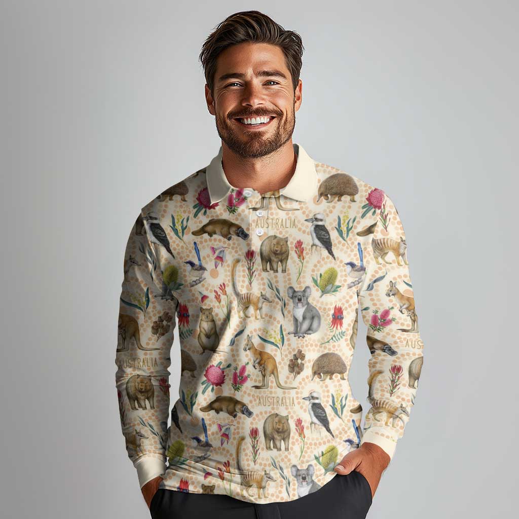 Australia Native Animals Long Sleeve Polo Shirt Aussie Aboriginal Art Seamless Vibes - Aussie Hoodie