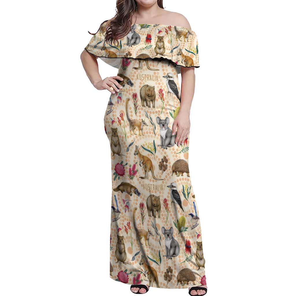 Australia Native Animals Off Shoulder Maxi Dress Aussie Aboriginal Art Seamless Vibes - Aussie Hoodie