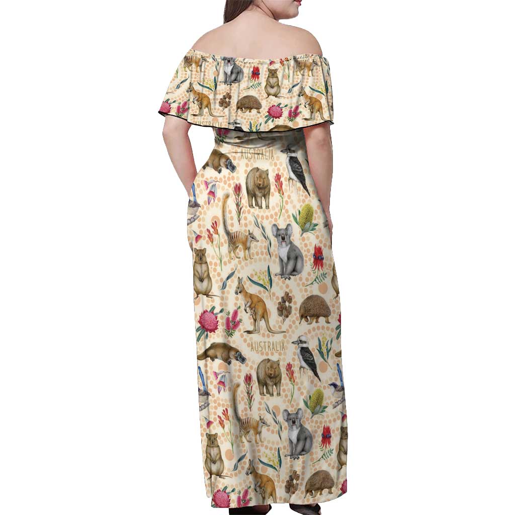 Australia Native Animals Off Shoulder Maxi Dress Aussie Aboriginal Art Seamless Vibes - Aussie Hoodie