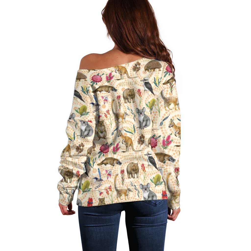 Australia Native Animals Off Shoulder Sweater Aussie Aboriginal Art Seamless Vibes - Aussie Hoodie