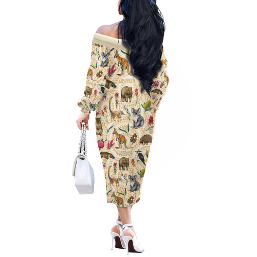 Australia Native Animals Off The Shoulder Long Sleeve Dress Aussie Aboriginal Art Seamless Vibes - Aussie Hoodie