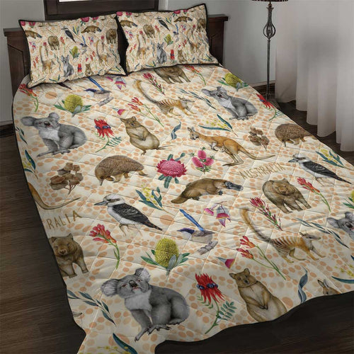 Australia Native Animals Quilt Bed Set Aussie Aboriginal Art Seamless Vibes - Aussie Hoodie