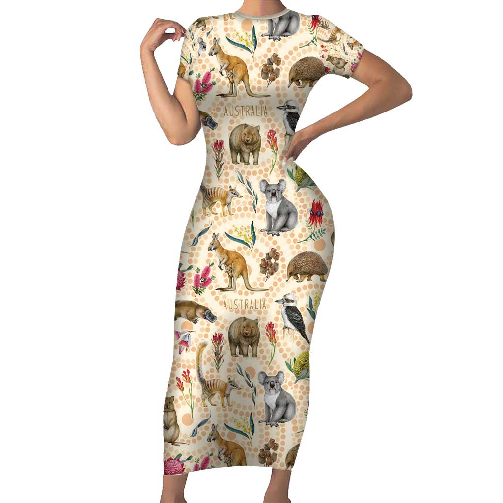 Australia Native Animals Short Sleeve Bodycon Dress Aussie Aboriginal Art Seamless Vibes - Aussie Hoodie