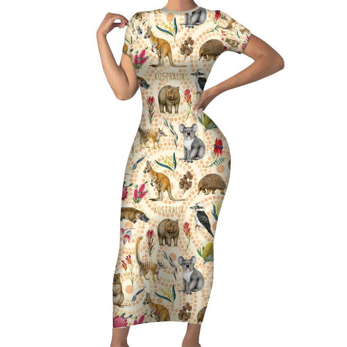Australia Native Animals Short Sleeve Bodycon Dress Aussie Aboriginal Art Seamless Vibes - Aussie Hoodie