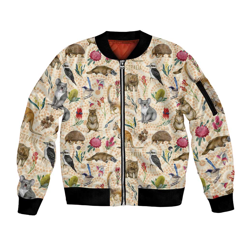 Australia Native Animals Sleeve Zip Bomber Jacket Aussie Aboriginal Art Seamless Vibes - Aussie Hoodie
