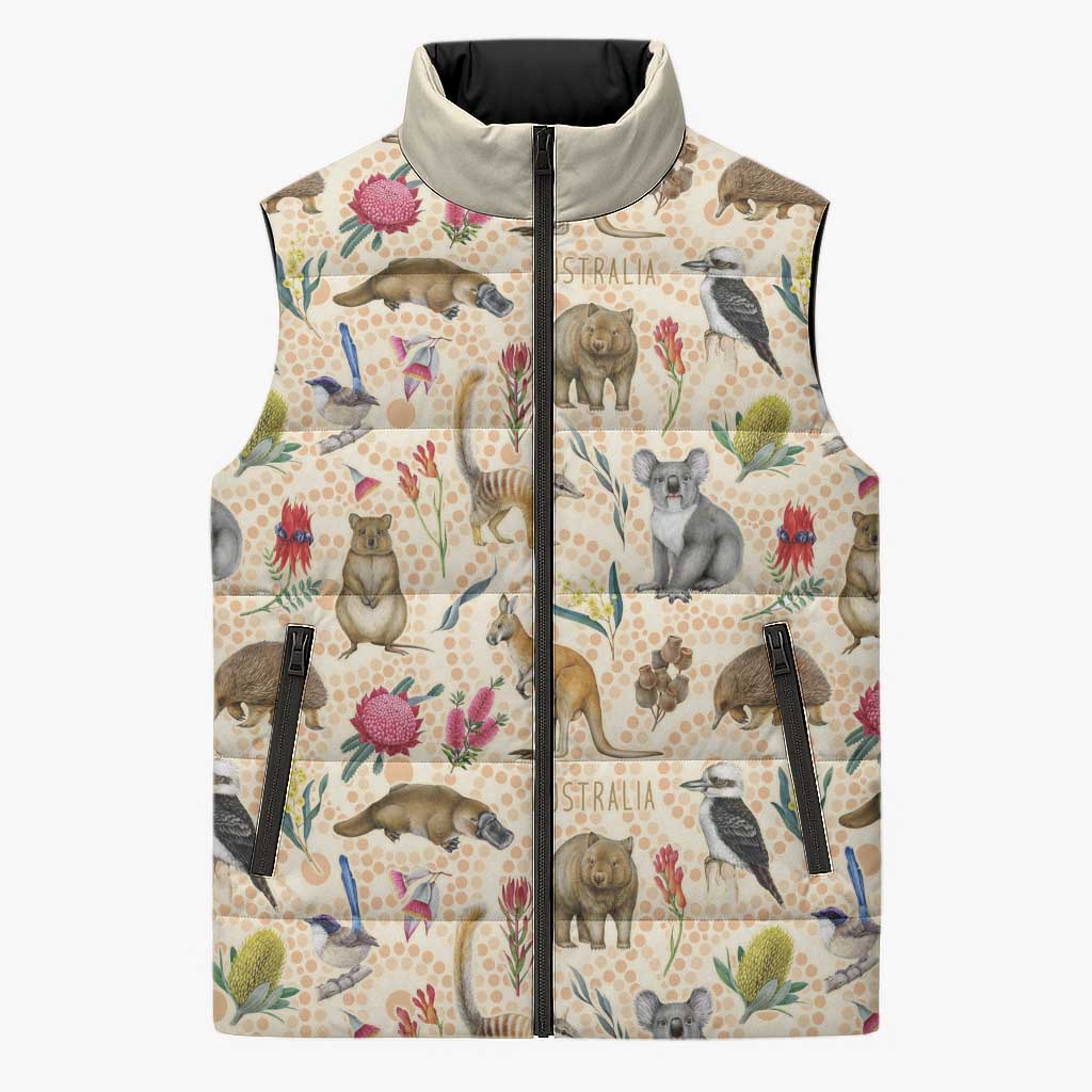Australia Native Animals Sleeveless Puffer Jacket Aussie Aboriginal Art Seamless Vibes - Aussie Hoodie