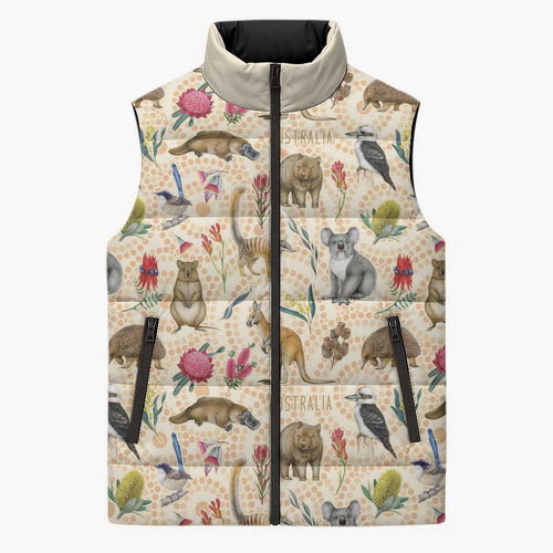 Australia Native Animals Sleeveless Puffer Jacket Aussie Aboriginal Art Seamless Vibes - Aussie Hoodie