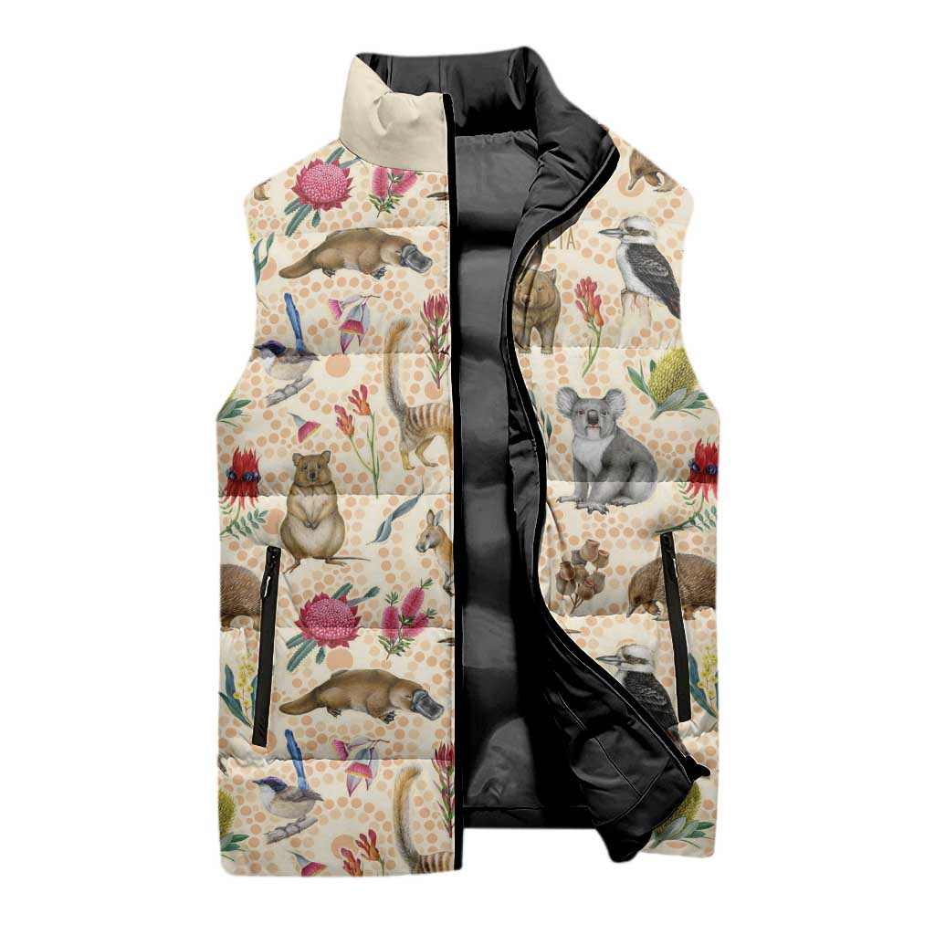 Australia Native Animals Sleeveless Puffer Jacket Aussie Aboriginal Art Seamless Vibes - Aussie Hoodie