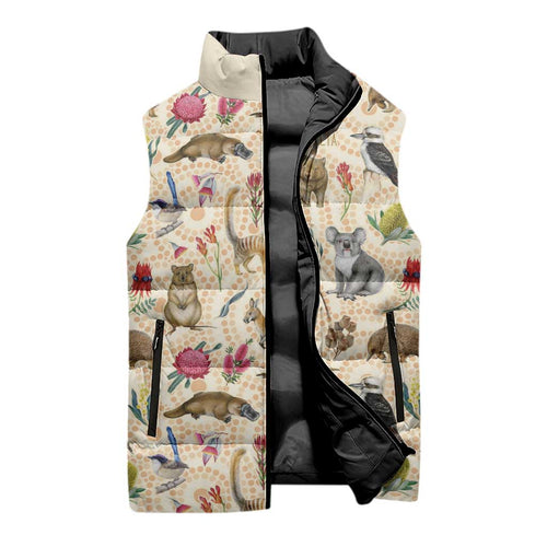Australia Native Animals Sleeveless Puffer Jacket Aussie Aboriginal Art Seamless Vibes - Aussie Hoodie
