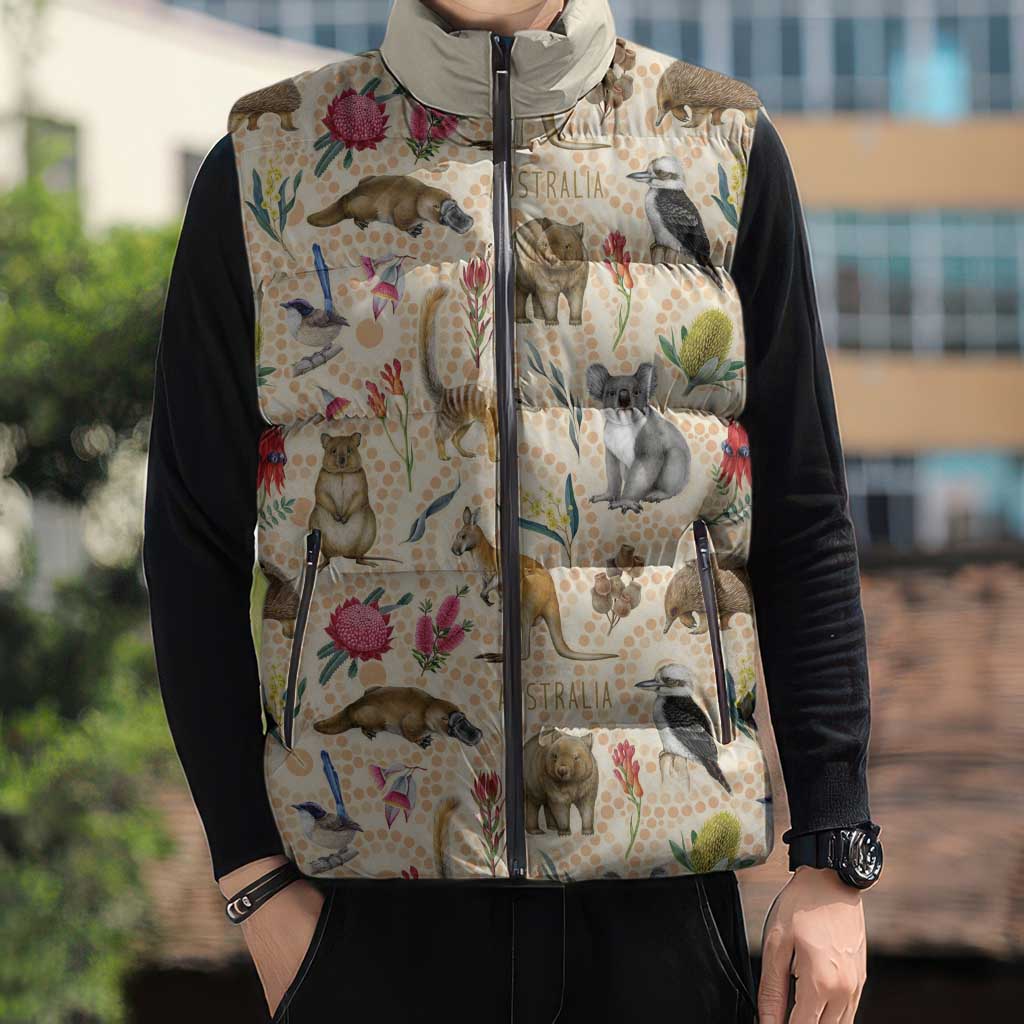 Australia Native Animals Sleeveless Puffer Jacket Aussie Aboriginal Art Seamless Vibes - Aussie Hoodie