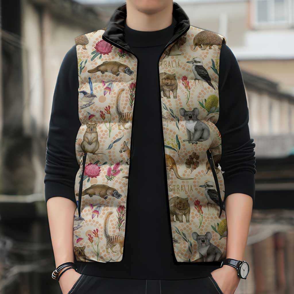 Australia Native Animals Sleeveless Puffer Jacket Aussie Aboriginal Art Seamless Vibes - Aussie Hoodie