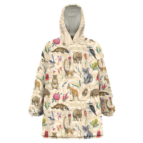 Australia Native Animals Wearable Blanket Hoodie Aussie Aboriginal Art Seamless Vibes - Aussie Hoodie