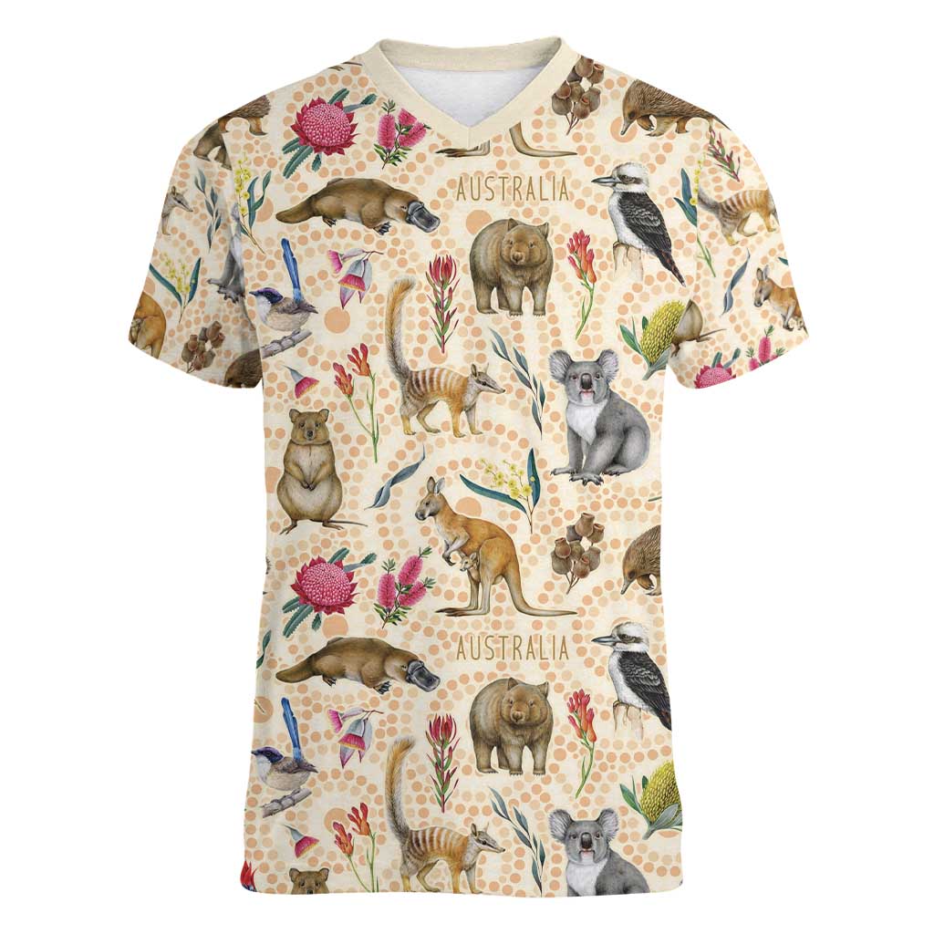 Australia Native Animals Women V-Neck T-Shirt Aussie Aboriginal Art Seamless Vibes - Aussie Hoodie