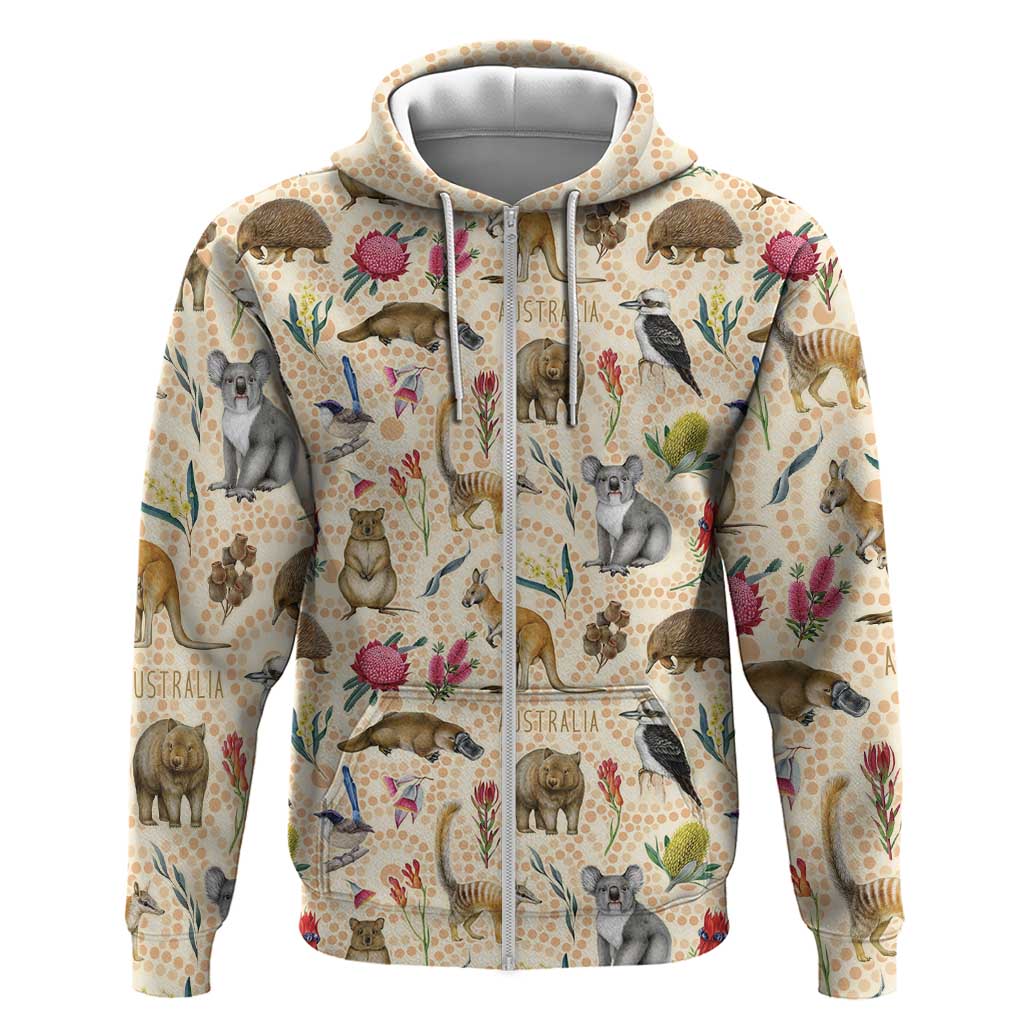 Australia Native Animals Zip Hoodie Aussie Aboriginal Art Seamless Vibes - Aussie Hoodie