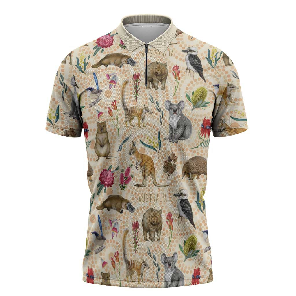 Australia Native Animals Zipper Polo Shirt Aussie Aboriginal Art Seamless Vibes - Aussie Hoodie