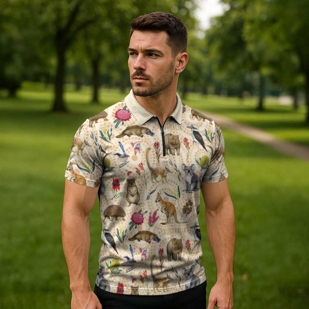 Australia Native Animals Zipper Polo Shirt Aussie Aboriginal Art Seamless Vibes - Aussie Hoodie