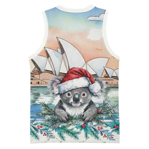 Australia Christmas Basketball Jersey Koala Santa Sydney Opera House Watercolor - Aussie Hoodie