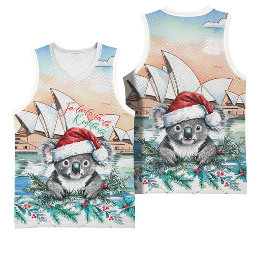 Australia Christmas Basketball Jersey Koala Santa Sydney Opera House Watercolor - Aussie Hoodie