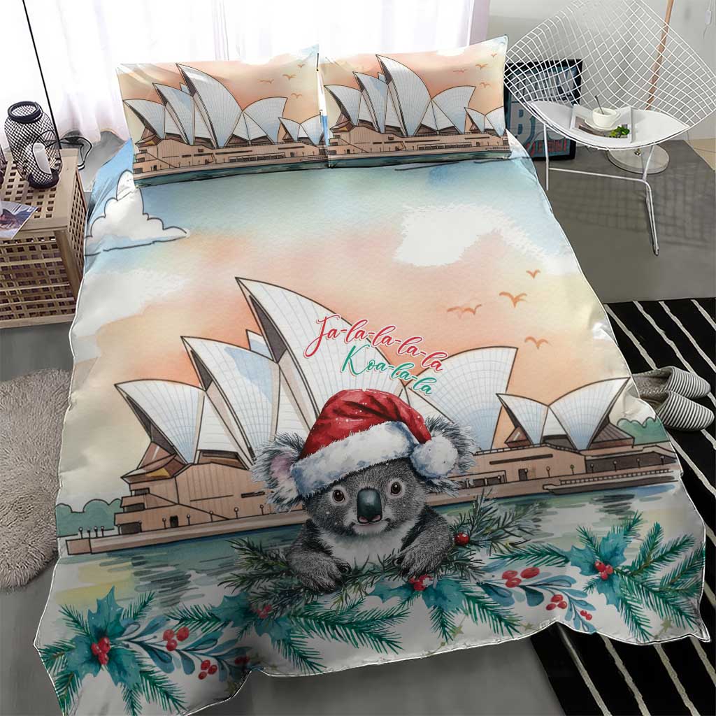 Australia Christmas Bedding Set Koala Santa Sydney Opera House Watercolor - Aussie Hoodie
