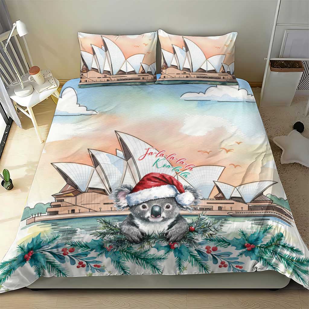 Australia Christmas Bedding Set Koala Santa Sydney Opera House Watercolor - Aussie Hoodie
