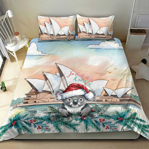 Australia Christmas Bedding Set Koala Santa Sydney Opera House Watercolor - Aussie Hoodie