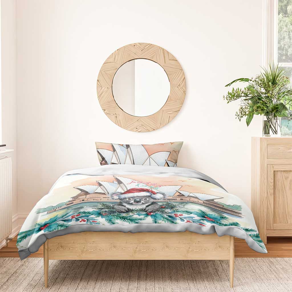 Australia Christmas Bedding Set Koala Santa Sydney Opera House Watercolor - Aussie Hoodie