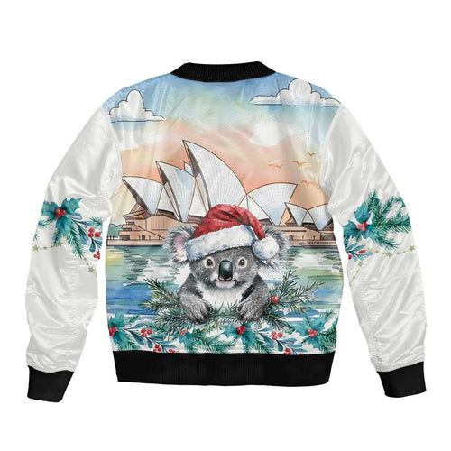 Australia Christmas Bomber Jacket Koala Santa Sydney Opera House Watercolor - Aussie Hoodie