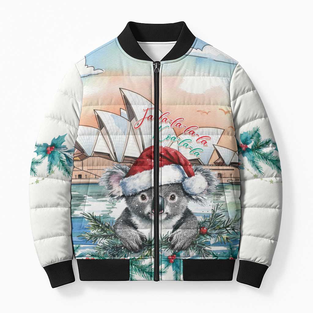 Australia Christmas Bomber Puffer Jacket Koala Santa Sydney Opera House Watercolor - Aussie Hoodie