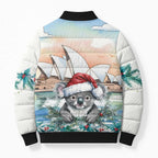 Australia Christmas Bomber Puffer Jacket Koala Santa Sydney Opera House Watercolor - Aussie Hoodie