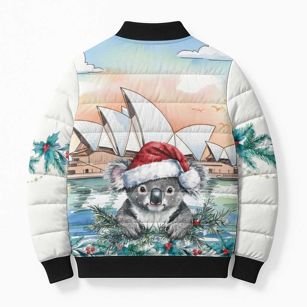 Australia Christmas Bomber Puffer Jacket Koala Santa Sydney Opera House Watercolor - Aussie Hoodie