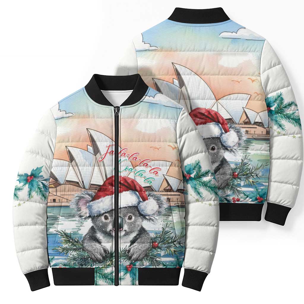 Australia Christmas Bomber Puffer Jacket Koala Santa Sydney Opera House Watercolor - Aussie Hoodie