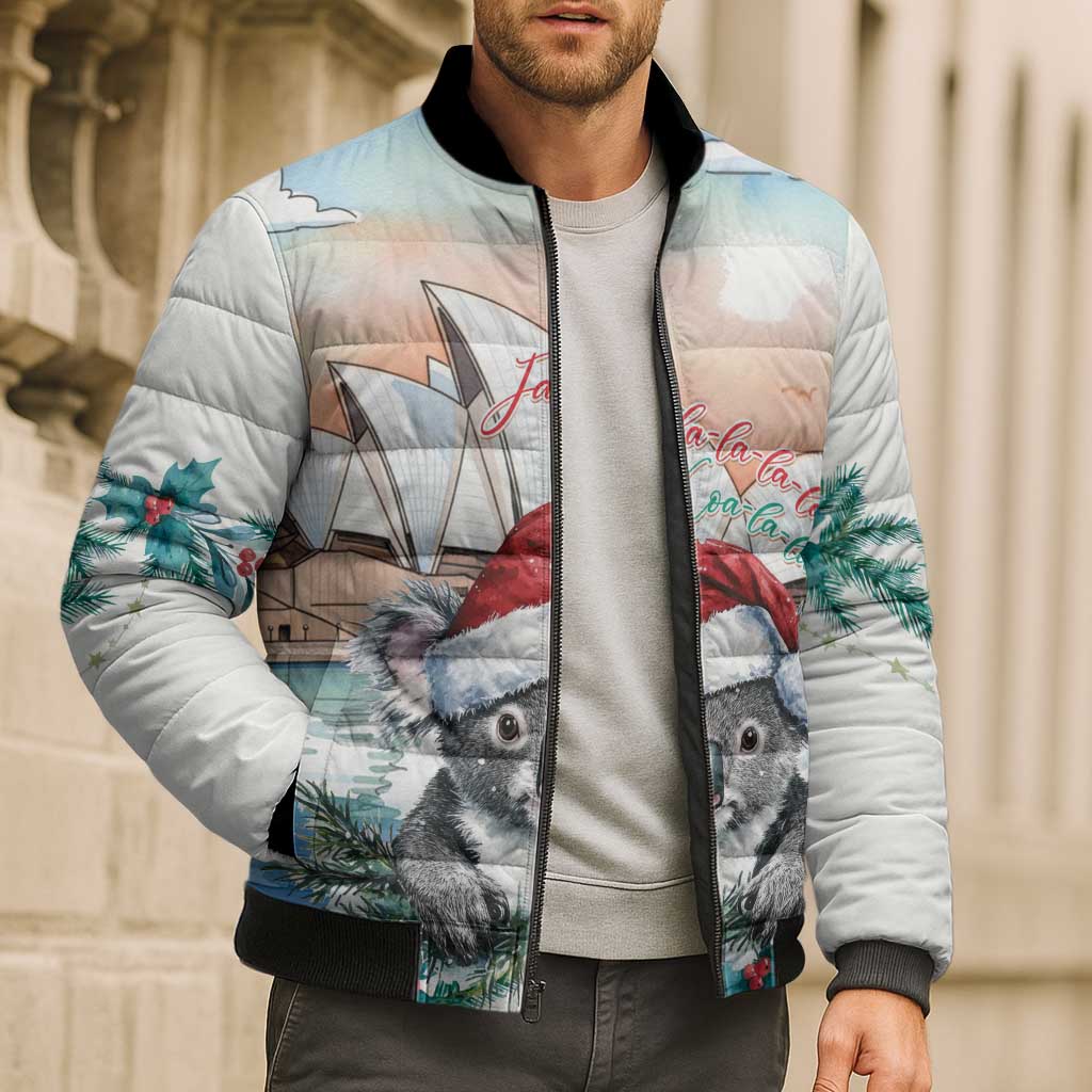 Australia Christmas Bomber Puffer Jacket Koala Santa Sydney Opera House Watercolor - Aussie Hoodie