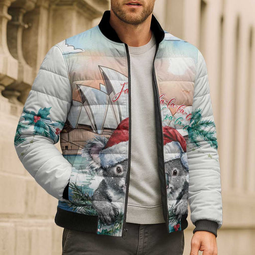 Australia Christmas Bomber Puffer Jacket Koala Santa Sydney Opera House Watercolor - Aussie Hoodie