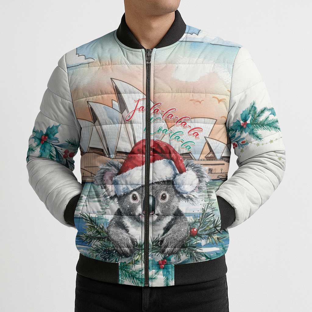 Australia Christmas Bomber Puffer Jacket Koala Santa Sydney Opera House Watercolor - Aussie Hoodie