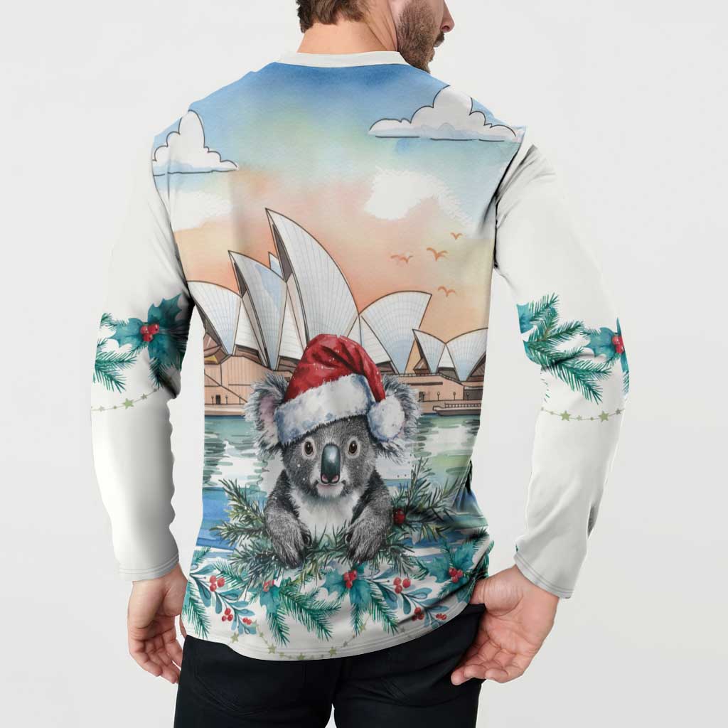 Australia Christmas Button Sweatshirt Koala Santa Sydney Opera House Watercolor - Aussie Hoodie