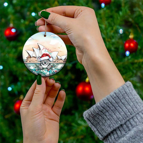 Australia Christmas Ceramic Ornament Koala Santa Sydney Opera House Watercolor - Aussie Hoodie