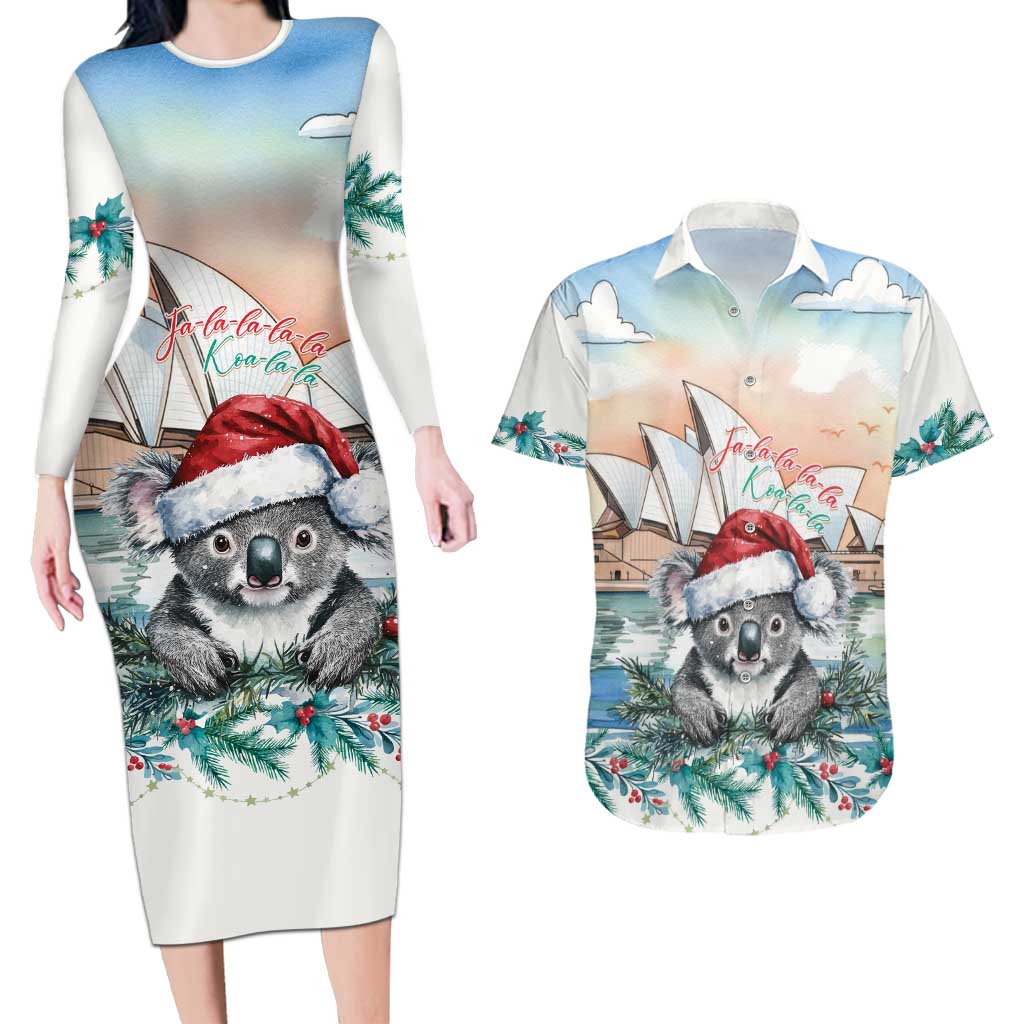 Australia Christmas Couples Matching Long Sleeve Bodycon Dress and Hawaiian Shirt Koala Santa Sydney Opera House Watercolor - Aussie Hoodie