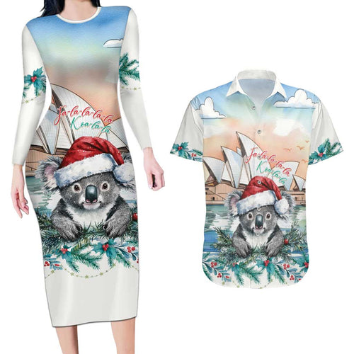 Australia Christmas Couples Matching Long Sleeve Bodycon Dress and Hawaiian Shirt Koala Santa Sydney Opera House Watercolor - Aussie Hoodie