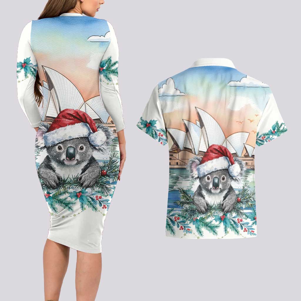 Australia Christmas Couples Matching Long Sleeve Bodycon Dress and Hawaiian Shirt Koala Santa Sydney Opera House Watercolor - Aussie Hoodie