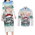 Australia Christmas Couples Matching Long Sleeve Bodycon Dress and Long Sleeve Button Shirt Koala Santa Sydney Opera House Watercolor - Aussie Hoodie