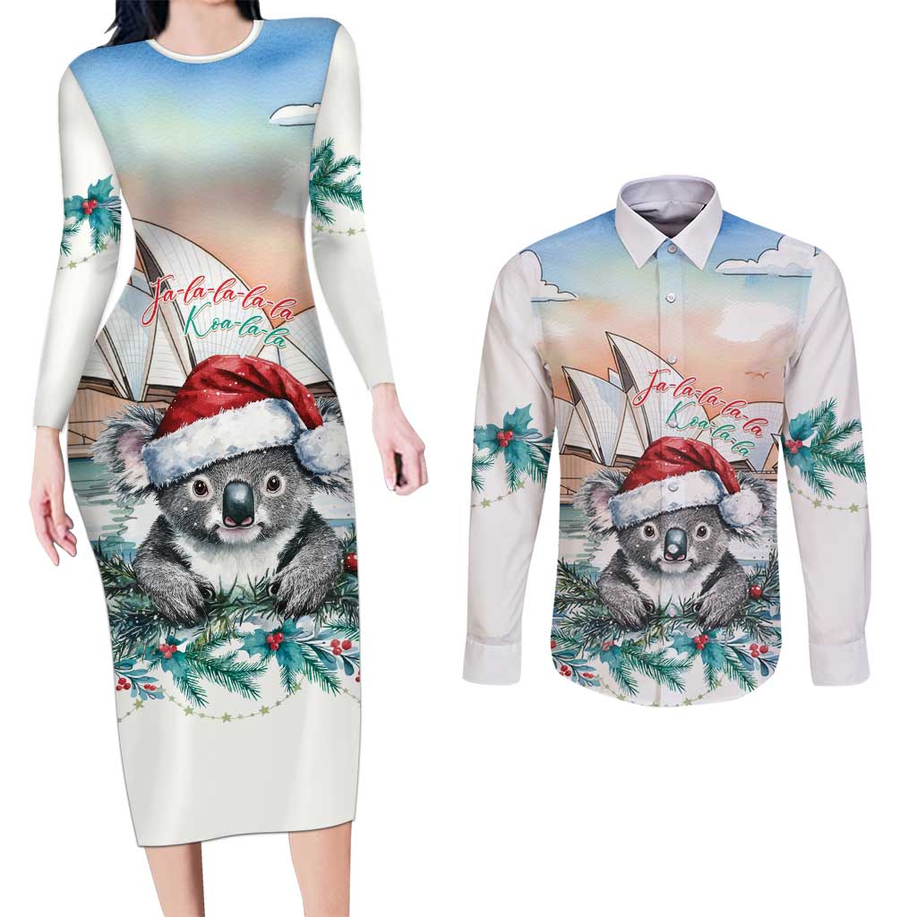 Australia Christmas Couples Matching Long Sleeve Bodycon Dress and Long Sleeve Button Shirt Koala Santa Sydney Opera House Watercolor - Aussie Hoodie