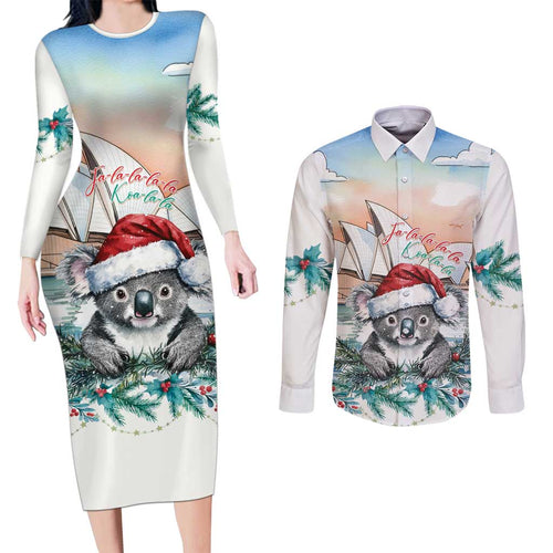 Australia Christmas Couples Matching Long Sleeve Bodycon Dress and Long Sleeve Button Shirt Koala Santa Sydney Opera House Watercolor - Aussie Hoodie