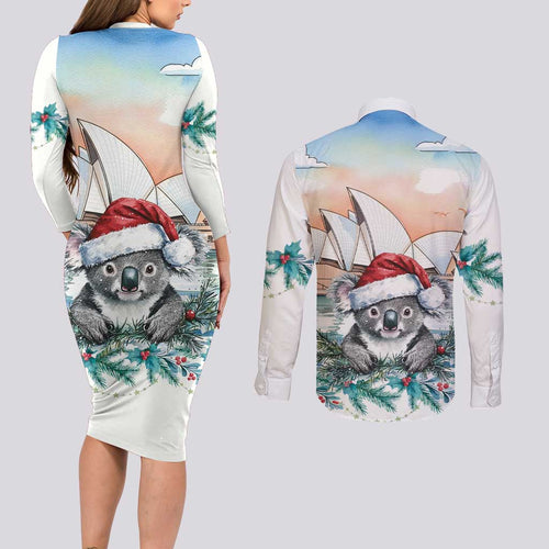 Australia Christmas Couples Matching Long Sleeve Bodycon Dress and Long Sleeve Button Shirt Koala Santa Sydney Opera House Watercolor - Aussie Hoodie