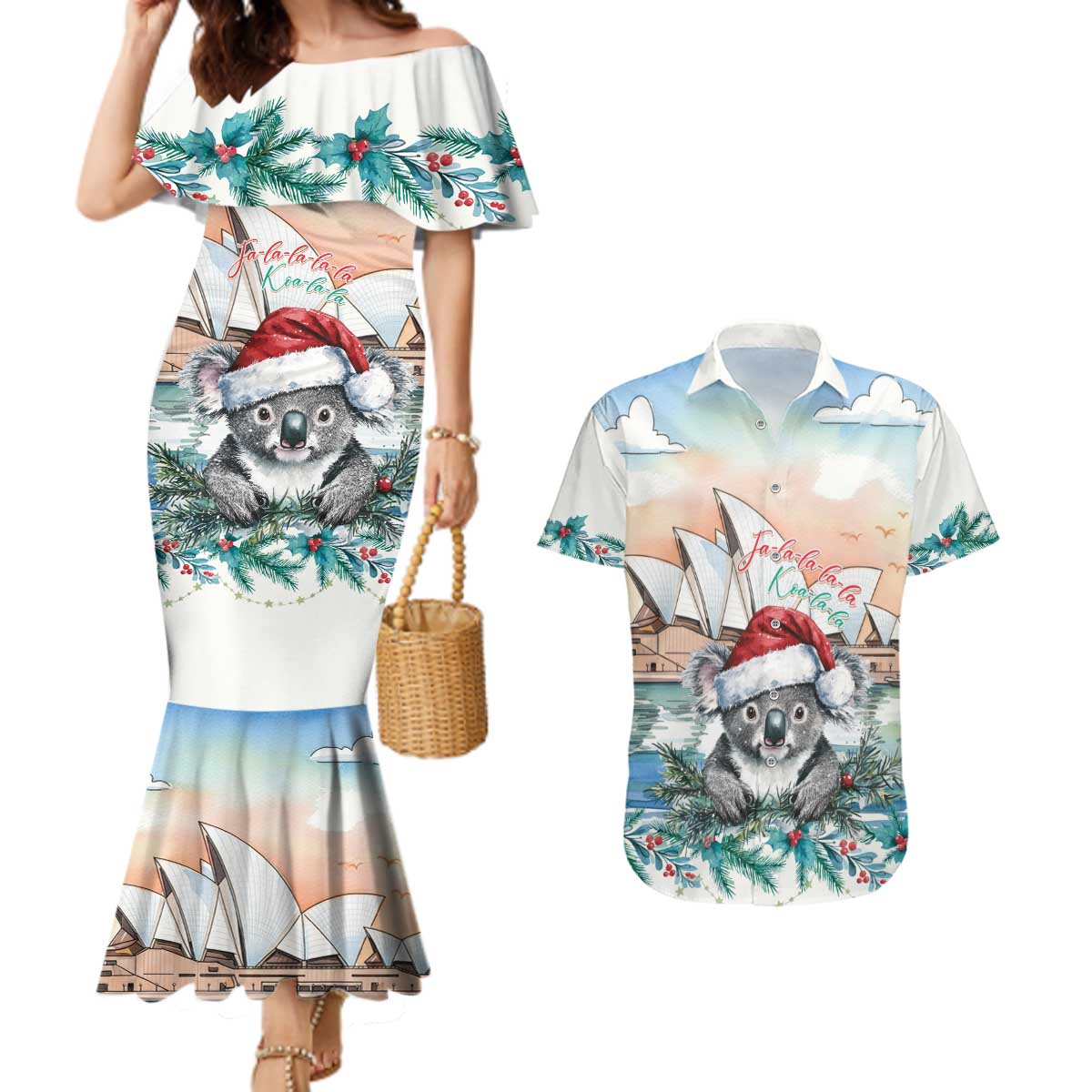 Australia Christmas Couples Matching Mermaid Dress and Hawaiian Shirt Koala Santa Sydney Opera House Watercolor - Aussie Hoodie